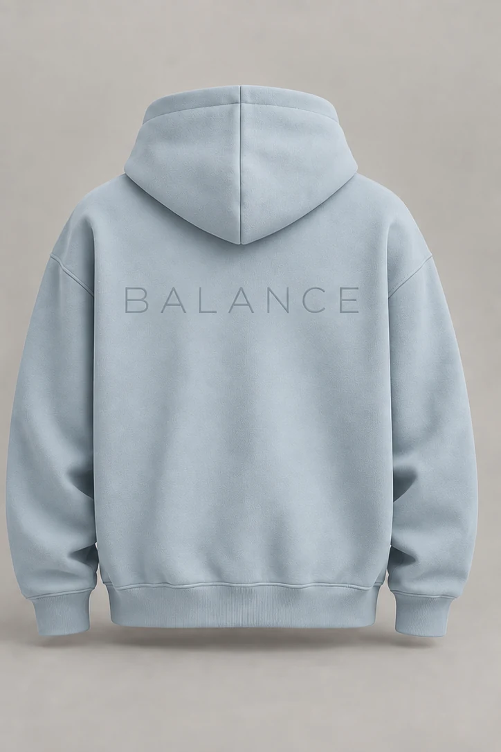 ORDANEL CORE Balance mist blue hoodie back with BALANCE lettering