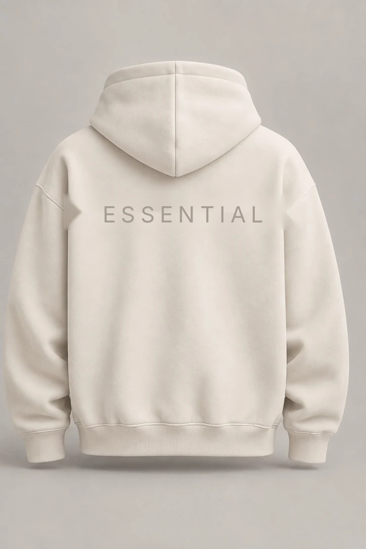 ORDANEL CORE Essential cream hoodie back with ESSENTIAL lettering